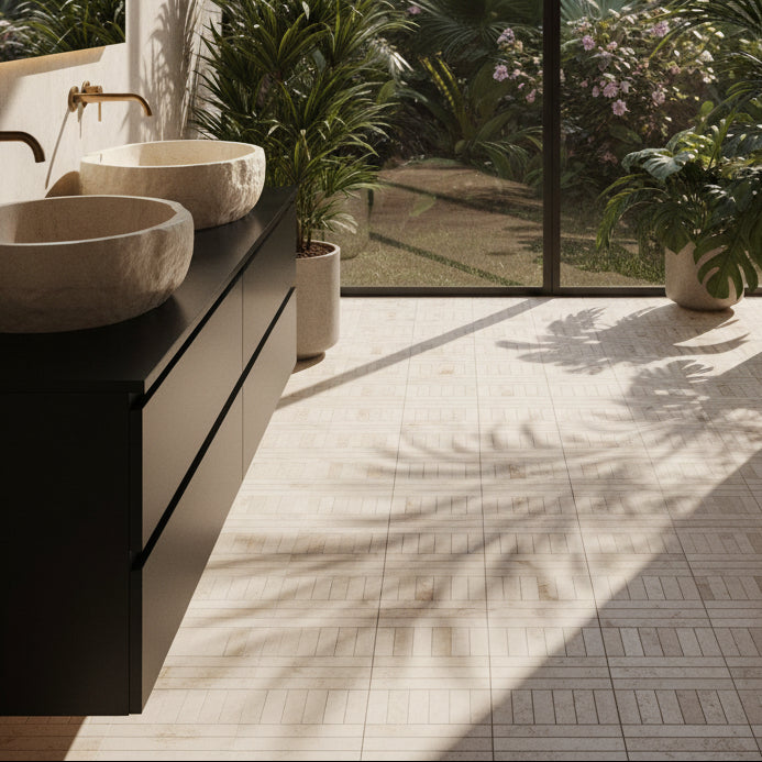 Cream white slatted limestone mosaic wall tile, natural stone bathroom cladding Thailand