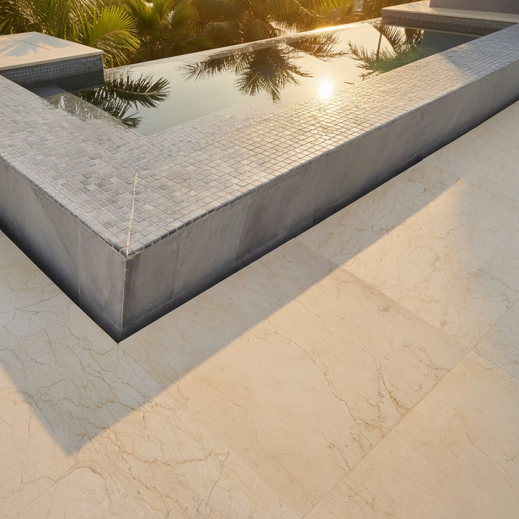 Cream white marble floor tiles with plain and floral pattern, natural stone flooring Phuket Villa Thailand