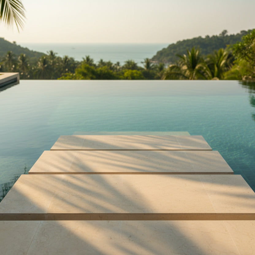 Cream white marble floor tiles with plain and floral pattern, natural stone flooring Thailand