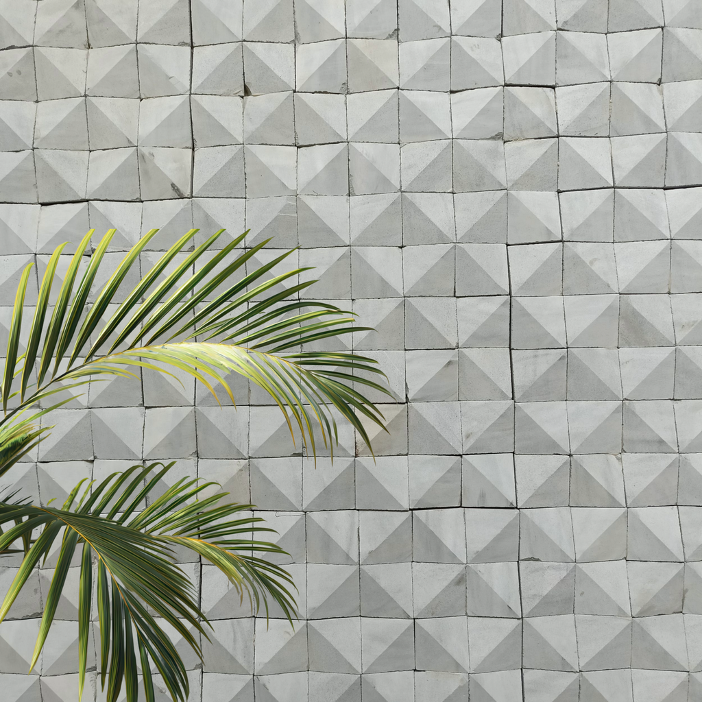 Geometric patterned wall with green leaves in the foreground