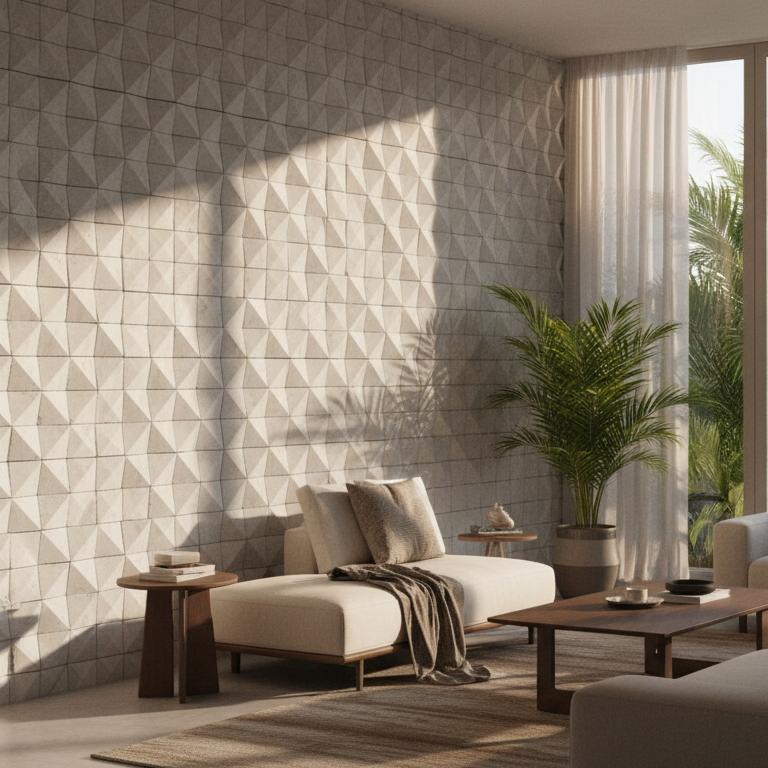 Geometric patterned wall with green leaves in the foreground