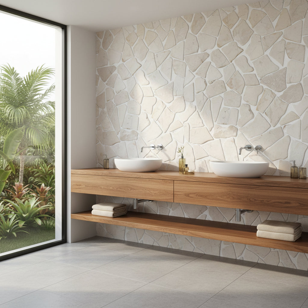 Random White Flat Mosaic Tile - Interlocking
