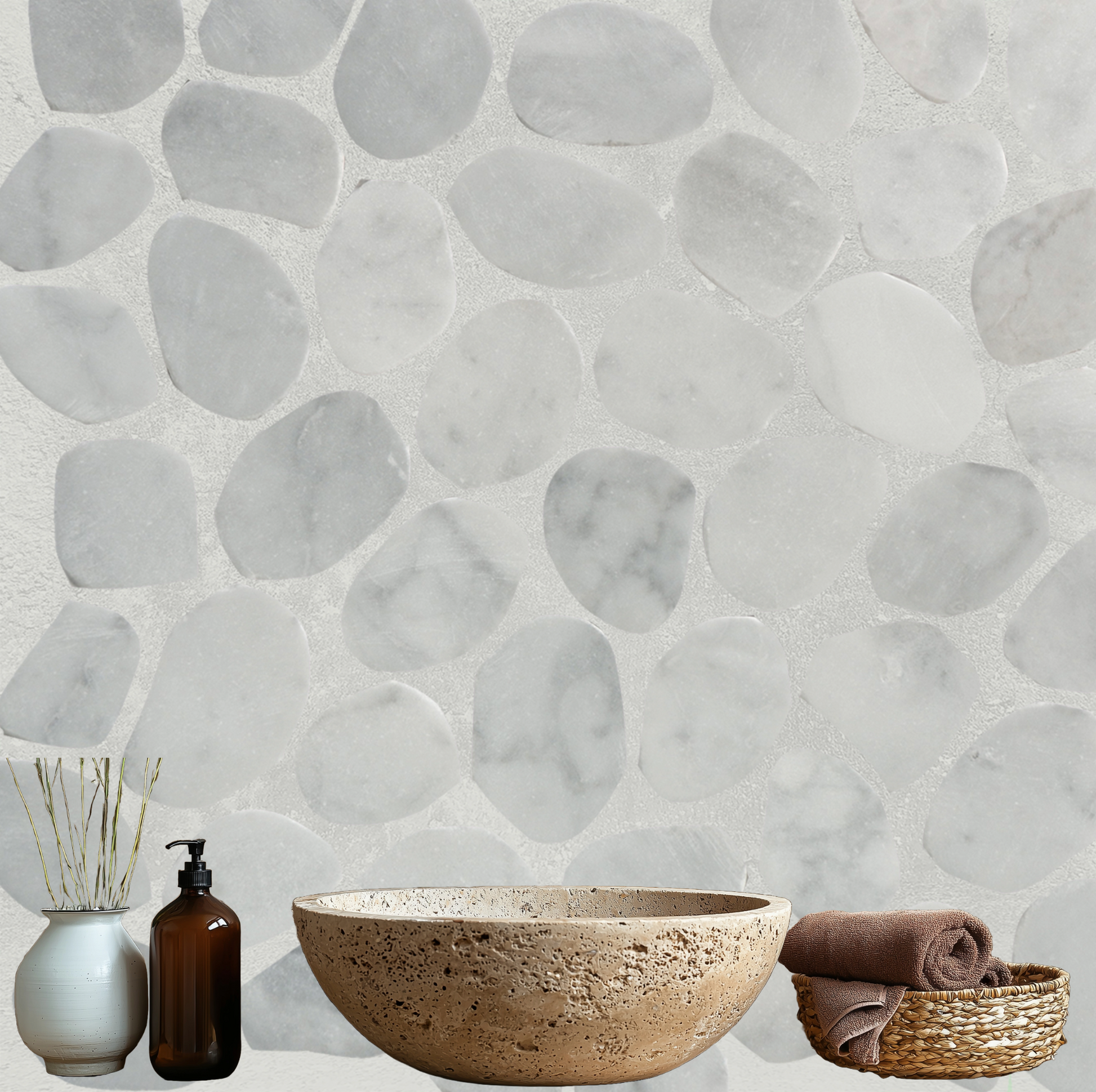 Sliced Carara Pebble - Interlocking Mosaic Tile.
