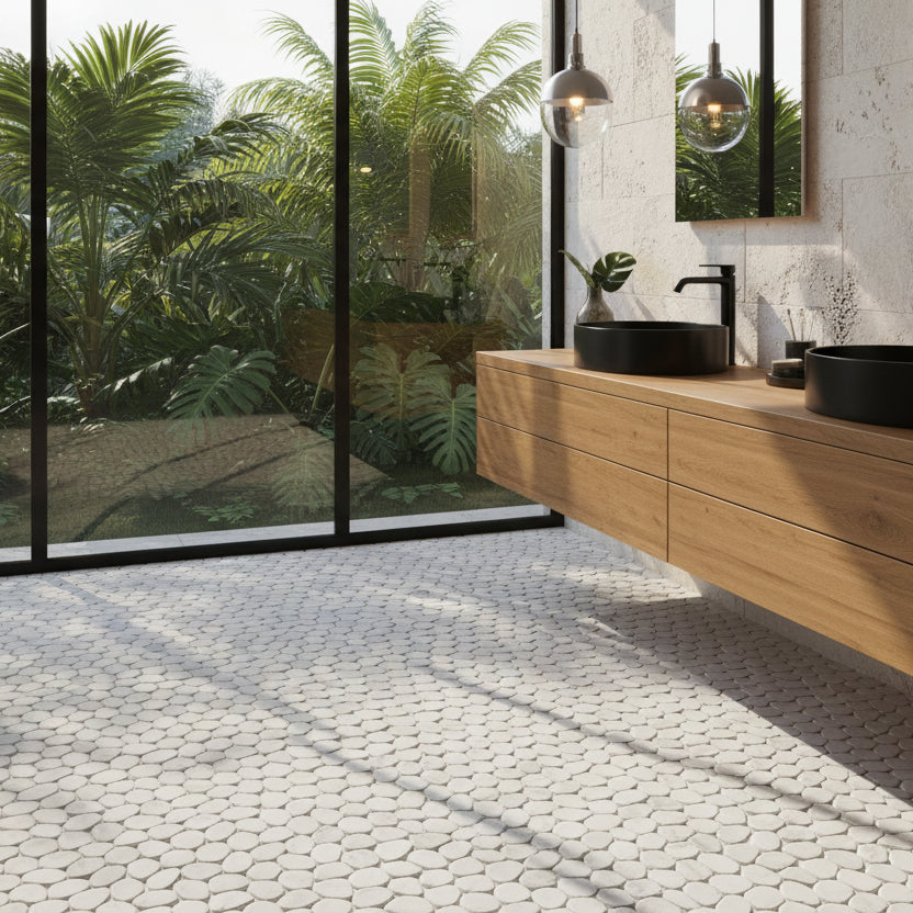 Sliced Carara Pebble - Interlocking Mosaic Tile.
