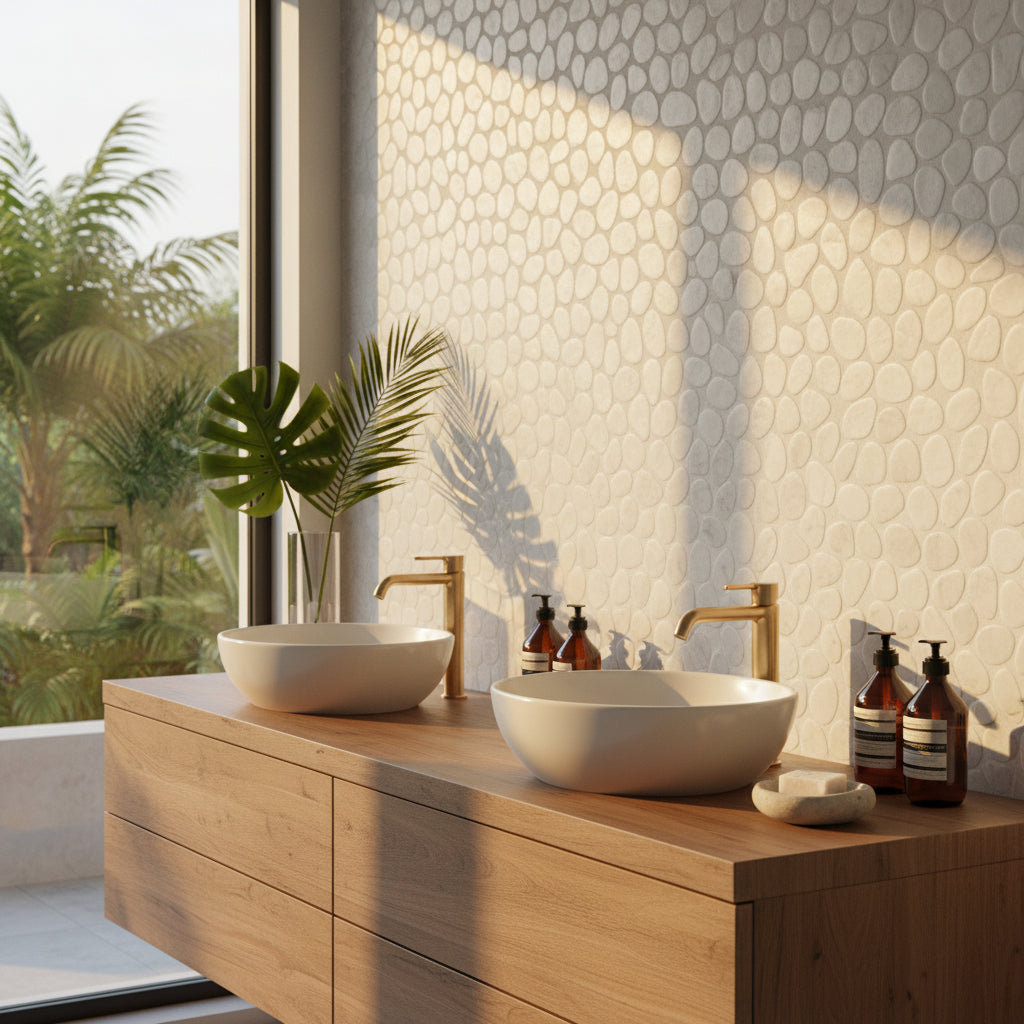 Sliced Carara Pebble - Interlocking Mosaic Tile.