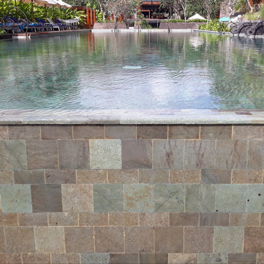 Premium grade Sukabumi green stone swimming pool tiles, tropical villa pool Thailand