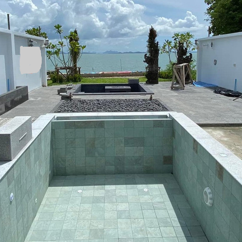 Premium grade Sukabumi green stone swimming pool tiles, tropical villa pool Thailand